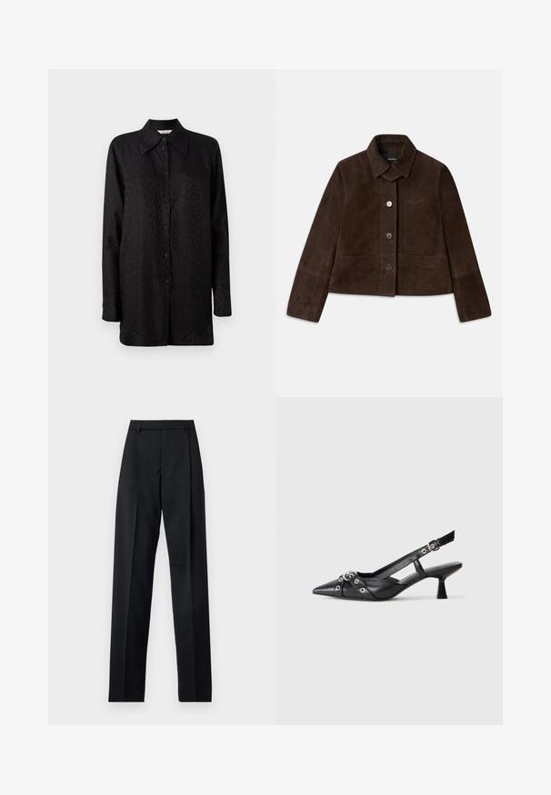Casaco cropped de camurça castanho com colarinho dobrável, fecho frontal por botão e detalhe de logótipo bordado. Possui mangas longas e dois bolsos frontais.; Camisa preta de botão feita de um tecido suave, apresentando um padrão texturizado subtil, colarinho pontudo e mangas longas.; Calças pretas feitas de um tecido suave, com uma cintura alta, pernas largas, pregas frontais e passadores de cinto clássicos. Não há bolsos laterais visíveis.; Sapato slingback em couro preto com biqueira fina, tiras decorativas com ilhós de metal e um pequeno salto quadrado. Superfície texturizada.