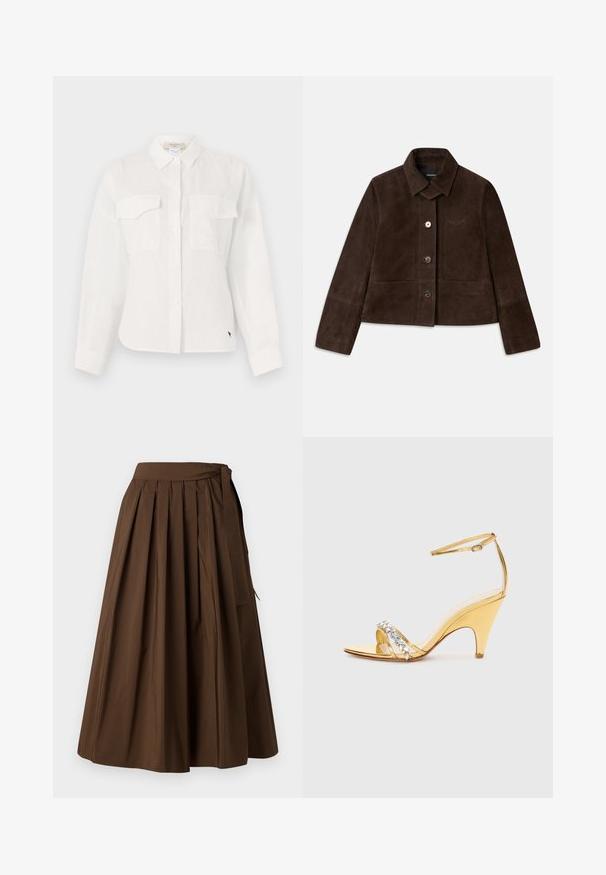 Hnědá sueded zkrácená bunda s sklápěcím límcem, předním zapínáním na knoflíky a vyšívaným logem. Obsahuje dlouhé rukávy a dvě přední kapsy.; Bílá košile na knoflíky vyrobená z lehké látky, s dvěma náprsními kapsami, s špičatým límcem a zaobleným lemem. Jemný detail textury.; Hnědá plisovaná sukně vyrobená z hladkého materiálu, s vysokým pasem a bočním vázáním pro zapínání.; Zlaté sandály na podpatku s řemínkovým designem, zdobené páskem s kamínky. Otevřená špička, nastavitelný kotníkový pásek a zúžený podpatek.