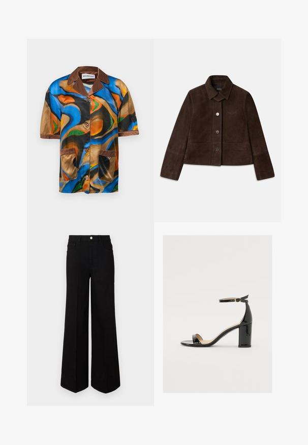 Giacca corta in suede marrone con colletto a risvolto, chiusura con bottoni frontali e dettaglio logo ricamato. Presenta maniche lunghe e due tasche frontali.; Camicia a maniche corte in satin multicolore con motivi astratti a spirale, colletto marrone e rifiniture della tasca, e chiusura con bottoni.; Jeans neri a gamba larga realizzati in tessuto resistente, con vita alta, tasche frontali e chiusura con bottone anteriore. Orlo piatto sul fondo.; Sandalo in vernice nera con tacco largo, punta aperta e cinturino alla caviglia con fibbia dorata. Texture liscia e design elegante.