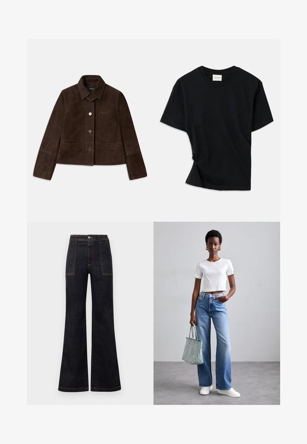 Καφέ σουέτ κοντό μπουφάν με πέσμένο στραγγιστό γιακά, μπροστινό κλείσιμο με κουμπιά και κεντημένο λογότυπο. Έχει μακριά μανίκια και δύο μπροστινές τσέπες.; Μαύρη μπλούζα φτιαγμένη από μαλακό βαμβάκι, με στρογγυλή λαιμόκοψη, κοντά μανίκια και ελαφρώς στριμμένη σχεδίαση για χαλαρή εφαρμογή.; Πλατινές σκούρες τζιν παντελόνες με ψηλή μέση, που διαθέτουν πορτοκαλί ραφές και δύο μπροστινές τσέπες. Λείο ύφασμα, καθαρή εμφάνιση, κλασικός σχεδιασμός.; Λευκό ραβδωτό κοντομάνικο μπλουζάκι, ανοιχτό γαλάζιο παντελόνι σε φαρδιά γραμμή και λευκά αθλητικά παπούτσια. Κρατάει μια πράσινη και λευκή ριγέ τσάντα.