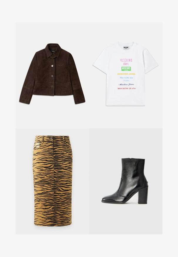 Rjava semiša skrajšana jakna s zloženim ovratnikom, sprednjim zapiranjem na gumb in izvezenim logotipom. Ima dolge rokave in dva sprednja žepa.; Bela bombažna majica s številnimi logotipi v roza, zeleni, rumeni, modri in rdeči barvi, razporejeni vertikalno na sprednji strani.; Krilo z leopardjim vzorcem, ki ima zlato ozadje s črnimi vzorci. Narejeno iz denima, ima ravno silhueto in vključuje žep.; Črne usnjene gležnarske čevlje z gladko teksturo, koničastim nosom in debelim visokim petam. Imajo stransko odprtino in minimalističen dizajn.