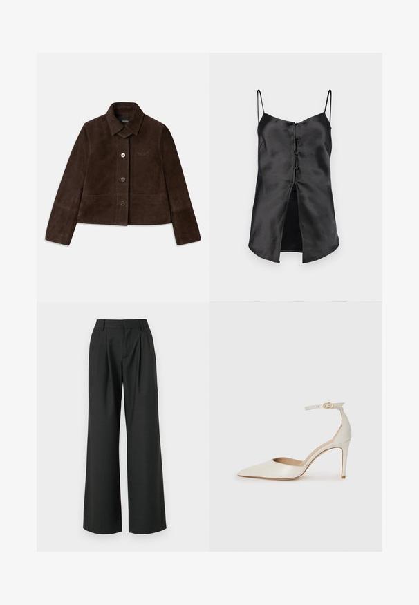 Donkerbruine suède cropped jack met een omklapbare kraag, sluiting met knopen aan de voorkant en geborduurd logo-detail. Heeft lange mouwen en twee voorzakken.; Zwarte satijnen camisole met dunne bandjes, met een knoopsluiting aan de voorkant en een splitzoom voor extra detail. Soepele textuur en minimalistisch ontwerp.; Won Hundred CAMILLE TROUSERS - Broek - licorice; Witte leren hoge hak schoen met een spitse neus, enkelbandje en een slanke stiletto hiel. Gladde textuur met een subtiele glanzende afwerking.