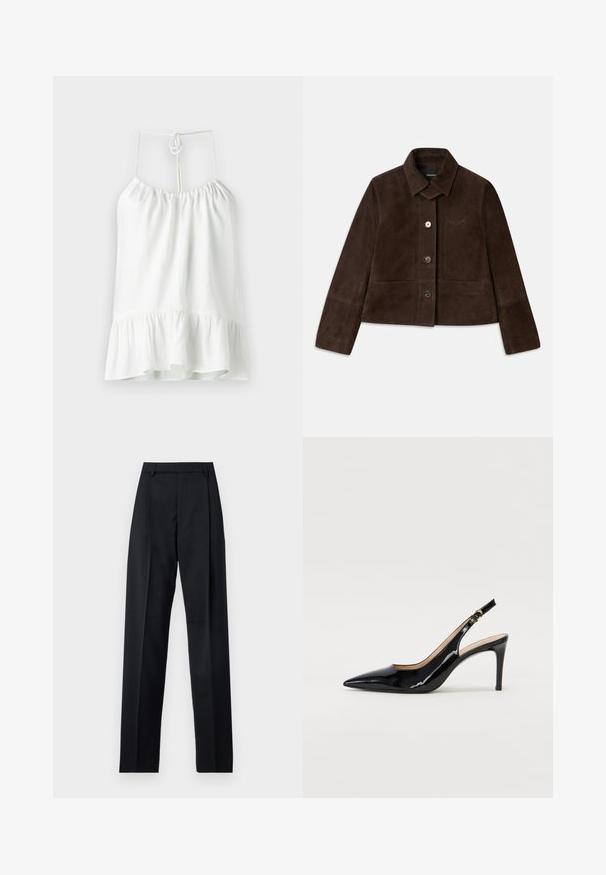 Braune Wildleder-Cropped-Jacke mit umklappbarem Kragen, vorderem Knopfverschluss und gesticktem Logodetail. Verfügt über lange Ärmel und zwei frontale Taschen.; Weißes ärmelloses Blusenshirt aus leichtem Stoff. Mit einem gerafften Ausschnitt und einem ausgestellten Rüschensaum. Wird hinten mit einem Band geschlossen.; Schwarze Hosen aus glattem Stoff mit hoher Taille, weitem Bein, vorderen Falten und klassischen Gürtelschlaufen. Keine sichtbaren Seitentaschen.; Schwarz lackierte Slingback-Pumps mit spitzem Zehenbereich, schlankem Absatz und einem subtilen Ausschnittdesign. Verfügt über eine goldene Schnalle am Riemen.