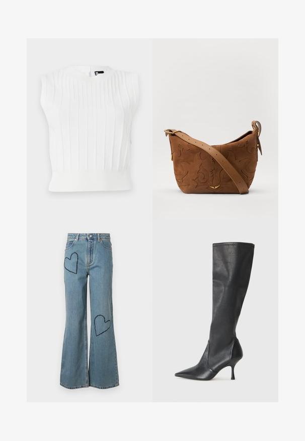 Brun ruskinds cropped jakke med nedfoldbar krave, front lukning med knapper og broderet logo detalje. Har lange ærmer og to frontlommer.; Hvid strikket ærmeløs top med vertikal ribstruktur, rund halsudskæring og tætsiddende kant. Inkluderer en lille lukningsdetalje bagpå.; Lyseblå denim flared jeans med to mørkeblå hjertepunkter foran. Klassisk design med fem lommer og knaplukning.; Knæhøje sorte læderstøvler med spidse tæer og slanke stiletto-hele. Glat tekstur med en tætsiddende design og syninger ved toppen.; Brun ruskinds skuldertaske med prægede blomsterdesign, suppleret af en glat brun læderrem og akcenter i guldfarvet metal.