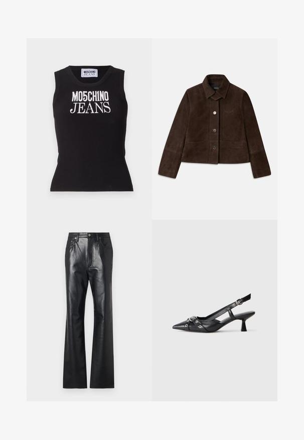 Καφέ σουέτ κοντό μπουφάν με πέσμένο στραγγιστό γιακά, μπροστινό κλείσιμο με κουμπιά και κεντημένο λογότυπο. Έχει μακριά μανίκια και δύο μπροστινές τσέπες.; Μαύρη ριγέ αμάνικη μπλούζα με λευκή κέντημα που γράφει "MO5CH1NO JEANS". Σχεδίαση που αγκαλιάζει το σώμα, με λαιμόκοψη και χωρίς μανίκια.; Μαύρο δερμάτινο παντελόνι με λεία υφή, σχέδιο με φουσκωτό ποδαράκι, μπροστινό φερμουάρ και θηλιές ζώνης. Διαθέτει διακριτικές ραφές.; Μαύρο δερμάτινο παπούτσι slingback με μυτερή μύτη, διακοσμητικές λωρίδες με μεταλλικά μάτια και χαμηλό μπλοκ τακούνι. Υφή επιφάνειας.