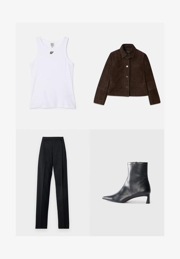 Brązowa krótkia kurtka z zamszu z odwracalnym kołnierzem, zapięciem na guziki z przodu oraz haftowanym logo. Posiada długie rękawy i dwie przednie kieszenie.; Biały bawełniany top bez rękawów z okrągłym dekoltem i średniej szerokości ramiączkami. Posiada małe czarne logo w okolicy klatki piersiowej. Gładka tekstura.; Czarne spodnie wykonane z gładkiego materiału, z wysokim stanem, szerokimi nogawkami, fałdami z przodu i klasycznymi szlufkami na pasek. Brak widocznych kieszeni bocznych.; Czarne skórzane botki sięgające kostki z ostrym noskiem i eleganckim designem. Posiadają niski obcas oraz zamek błyskawiczny z tyłu. Gładka faktura.