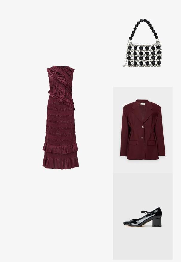 Blazer bordeaux avec revers en pointe, deux boutons et deux poches frontales. Tissu lisse avec une coupe structurée et des détails minimaux.; Robe sans manches bordeaux avec des volants superposés et une texture smockée, mettant en avant un corsage ajusté et un ourlet évasé.; Chaussure Mary Jane en cuir verni noir avec un talon bloc et une sangle à boucle, vue de côté sur fond blanc.; Sac en perles noires avec un design structuré, comportant un mélange de perles noires et argent métallisé formant un motif en grille et une anse en perles.