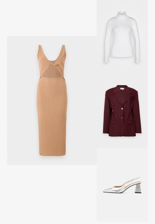 Burgundská sako s klopovými límci, dvěma knoflíky a dvěma předními kapsami. Hladká tkanina s strukturovaným střihem a minimálními detaily.; Žebrované midi šaty v tan barvě, s hlubokým výstřihem do V, vykrojením v oblasti trupu a přiléhavým střihem se rovnými lemy.; Bílý dlouhý rukáv rolák vyrobený z hladkého, pružného materiálu. Má těsný střih a vysoký límec. Žádné viditelné vzory ani akcenty.; Stříbrné slingback lodičky s špičatou špičkou, texturovaným kovovým povrchem a trojúhelníkovým blokovým podpatkem. Interiér obsahuje hnědé kožené detaily.