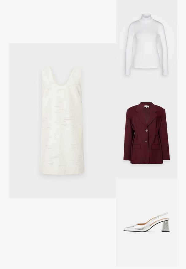 Blazer bordeaux avec revers en pointe, deux boutons et deux poches frontales. Tissu lisse avec une coupe structurée et des détails minimaux.; Robe blanche sans manches avec un décolleté en U, présentant une surface texturée avec des motifs subtils et irréguliers. Matière lisse, longueur au genou.; Chemise à col roulé blanc à manches longues en tissu lisse et extensible. Offre une coupe ajustée et un col haut. Pas de motifs ni d'accents visibles.; Pompe argentée à talon slingback avec un bout pointu, une finition métallique texturée et un talon bloc triangulaire. L'intérieur présente des détails en cuir marron.
