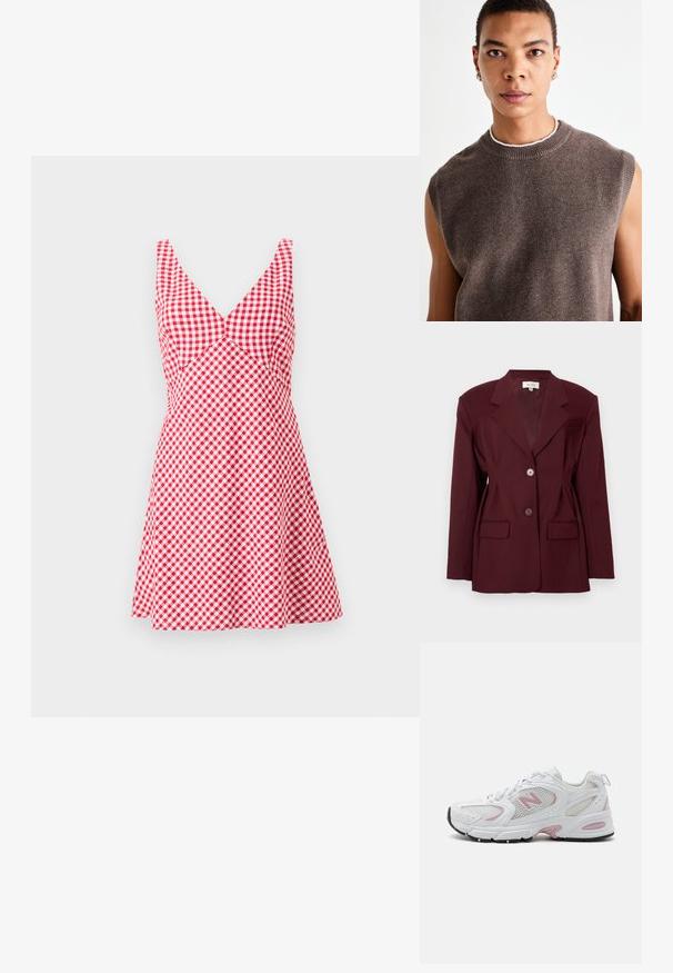 Blazer bordeaux con rever a punte, due bottoni e due tasche frontali. Tessuto liscio con una vestibilità strutturata e dettagli minimi.; Vero Moda Tall VMHAPPINESS ROLLNECK - Maglione - winetasting; Abito a scacchi rosso e bianco con scollatura a V, senza maniche, corpino aderente e gonna svasata. Realizzato in tessuto leggero.; Scarpe da ginnastica bianche con tomaia in mesh e sintetico, dettagli rosa, collo imbottito e suola in gomma nera. Presentano perforazioni visibili e logo.; Maglietta a maniche corte marrone in maglia senza maniche con colletto rotondo, caratterizzata da una consistenza morbida e un design semplice. Variazioni sottili nel colore e dettagli minimi.