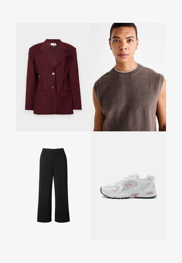 Burgunderfarbener Blazer mit Reverskragen, zwei Knöpfen und zwei vorderen Taschen. Glattes Material mit strukturierter Passform und minimalen Details.; Vero Moda Tall VMHAPPINESS ROLLNECK - Strickpullover - winetasting; Schwarze, weit geschnittene Hose aus glattem, leichtem Stoff. Verfügt über einen Frontverschluss mit Knopf und seitliche Taschen für Funktionalität.; Weiße Sportschuhe mit Obermaterial aus Mesh und Synthesematerial, pinken Akzenten, gepolstertem Kragen und schwarzer Gummisohle. Mit sichtbaren Perforationen und Logo.; Braunes ärmelloses Strick-T-Shirt mit rundem Ausschnitt, das eine weiche Textur und ein einfaches Design aufweist. Dezente Farbvariationen und minimale Details.