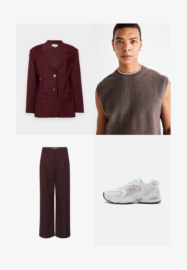 Burgundijas žakete ar izgrieztām apakšmalām, diviem pogām un divām priekšējām kabatām. Gluda auduma ar strukturētu piegriezumu un minimālu detaļu daudzumu.; Vero Moda Tall VMHAPPINESS ROLLNECK - Džemperis - winetasting; Plašas bikses dziļi burgundijas krāsā, izgatavotas no gludas auduma. Tām ir augsts viduklis ar krokām un vienkārši jostas cilpas, lai nodrošinātu elegantu izskatu.; Baltie sporta apavi ar acs audumu un sintētisku virsu, rozā akcentiem, mīkstu apkakli un melnu gumijas zoli. Iezīmē redzamās perforācijas un logotipu.; Brūns bezpiedurknu adīts T-krekls ar noapaļotu kakla izgriezumu, ar mīkstu tekstūru un vienkāršu dizainu. Rūpīgas krāsu variācijas un minimāla apdare.