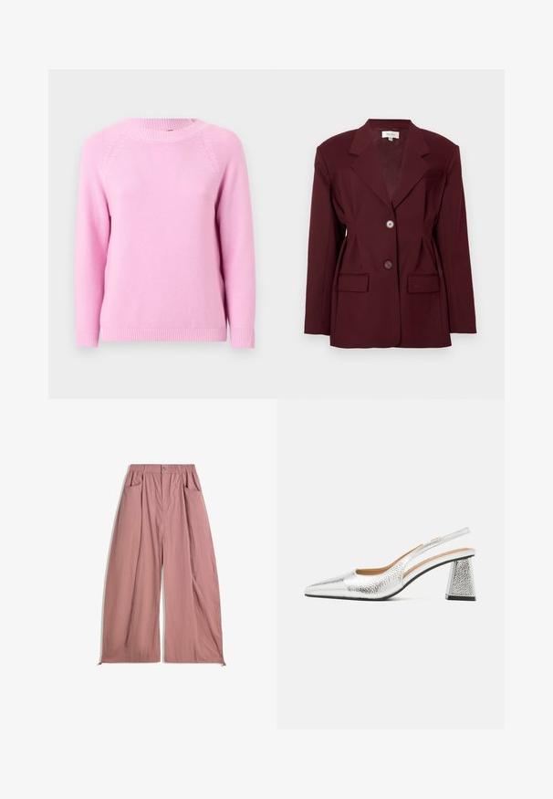 Burgundy blazer with notched lapels, two buttons, and two front pockets. Smooth fabric with a structured fit and minimal detailing.; Light pink knitted sweater with a round neckline, raglan sleeves, and ribbed cuffs and hem, featuring a textured pattern throughout.; White long-sleeve turtleneck shirt made from a smooth, stretchy fabric. Features a snug fit and a high collar. No visible patterns or accents.; Loose-fitting, high-waisted pants in soft rose pink fabric. Features elastic waistband, two side pockets, and a smooth, textured finish.; Silver slingback pump with a pointed toe, textural metallic finish, and a triangular block heel. Interior features brown leather details.