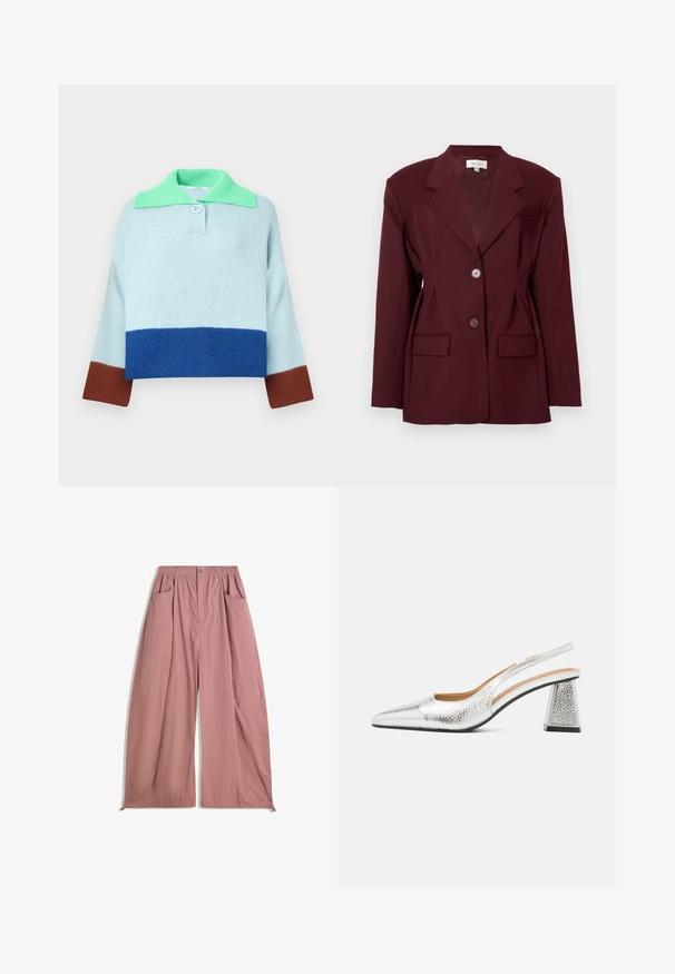 Blazer bordeaux con rever a punte, due bottoni e due tasche frontali. Tessuto liscio con una vestibilità strutturata e dettagli minimi.; Maglione lavorato a maglia con corpo azzurro chiaro, colletto verde e maniche a blocchi di colore: accenti blu e marroni. Presenta un dettaglio con bottoni sul colletto.; Maglione bianco a maniche lunghe con collo alto, realizzato in un tessuto liscio e elastico. Presenta una vestibilità aderente e un colletto alto. Nessun motivo o accento visibile.; Pantaloni a vita alta e ribelli, realizzati in morbido tessuto rosa pallido. Caratterizzati da una cintura elastica, due tasche laterali e una finitura liscia e strutturata.; Pump slingback argento con punta affusolata, finitura metallica testurizzata e tacco a blocco triangolare. Gli interni presentano dettagli in pelle marrone.