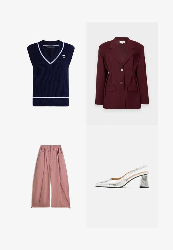 Burgundy blazer with notched lapels, two buttons, and two front pockets. Smooth fabric with a structured fit and minimal detailing.; Navy ribbed knit sleeveless sweater with a v-neck and white striped accents. Features a small logo embroidered on the chest.; Loose-fitting, high-waisted pants in soft rose pink fabric. Features elastic waistband, two side pockets, and a smooth, textured finish.; Silver slingback pump with a pointed toe, textural metallic finish, and a triangular block heel. Interior features brown leather details.