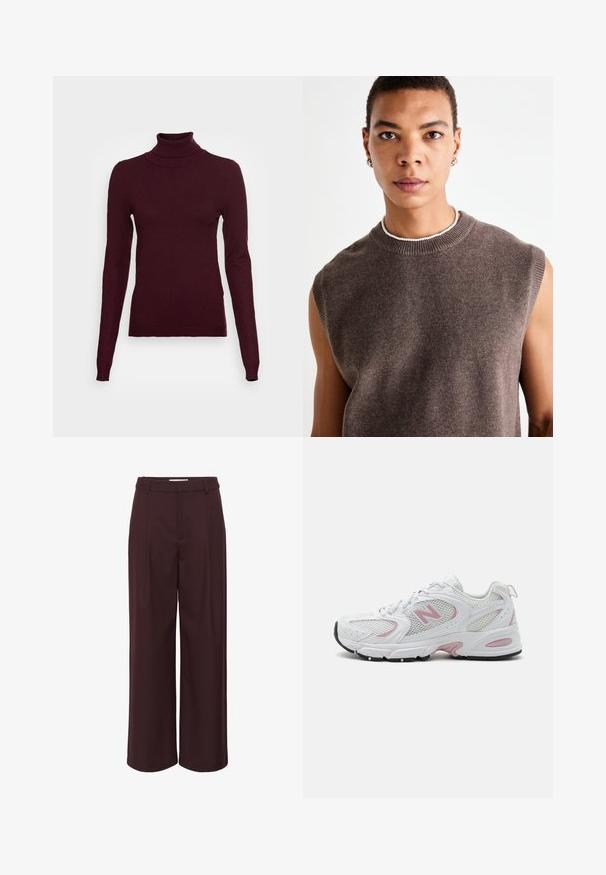 Burgunderfarget blazer med noterte slag, to knapper og to frontlommer. Glatt stoff med strukturert passform og minimal detaljering.; Vero Moda Tall VMHAPPINESS ROLLNECK - Strikkegenser - winetasting; Vide benbukser i dyp burgunder, laget av et glatt stoff. Har høy midje med legg og enkle beltehemper for et skreddersydd utseende.; Hvite treningssko med mesh- og syntetisk overdel, rosa detaljer, polstret krage og svart gummisåle. Har synlige perforeringer og logo.; Brun uten ermer strikket t-skjorte med rund hals, med en myk tekstur og enkelt design. Subtile variasjoner i farge og minimal detaljering.