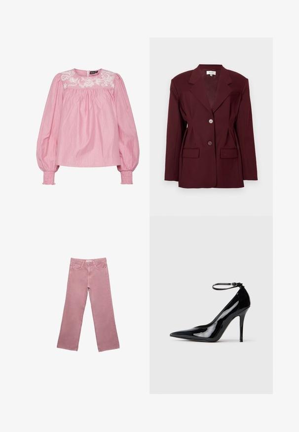 Burgundská sako s klopovými límci, dvěma knoflíky a dvěma předními kapsami. Hladká tkanina s strukturovaným střihem a minimálními detaily.; Růžová pruhovaná blůza s kulatým výstřihem, elastickými manžetami a vyšívaným květinovým vzorem na léze. Vyrobena z lehkého materiálu.; Růžové široké džínsy vyrobené z denimu, s vysokým pasem, předními kapsami a decentními švy. Hladká textilie bez vzorů.; Černé vysoce lesklé lakované lodičky na vysokém podpatku s špičatou špičkou, náramkem kolem kotníku a elegantním, lesklým povrchem. Stiletto podpatek dotváří elegantní design.