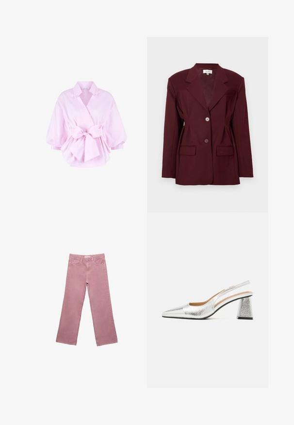 Bordeaux blazer met revers, twee knopen en twee voorzakken. Glad fabric met een gestructureerde pasvorm en minimale detaillering.; Roze katoenen blouse met een wikkelontwerp, wijde mouwen en een strik aan de voorkant. Bevat een kraag en heeft een gladde textuur.; Roze wijde-spijkerbroek van denim, met een hoge taille, voorzakken en subtiele stikdetails. Soepele textuur zonder patronen.; Zilveren slingback pump met een spitse neus, textuur metallic afwerking en een driehoekige blokhak. Binnenkant met bruine leren details.