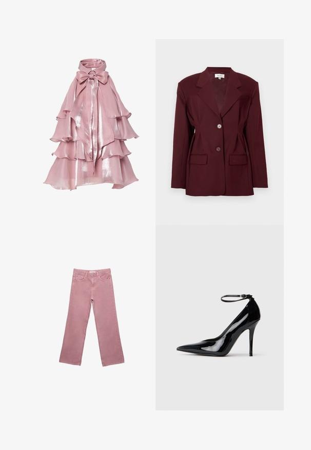 Bordo sako s oblikovanim reverom, dva gumba i dva prednja džepa. Glatka tkanina sa strukturiranim krojem i minimalnim detaljima.; Slojevita ružičasta haljina s sjajnim završetkom, sa naboranim slojevima i visokim ovratnikom, naglašena velikom mašnom oko vrata.; Ružičaste široke traperice izrađene od denima, s visokim strukom, prednjim džepovima i diskretnim detaljima šivanja. Glatka tekstura bez uzoraka.; Crne lakirane kožne štikle s uskim vrhom, remenom oko gležnja i elegantnim, sjajnim finišem. Stiletto peta upotpunjuje sofisticirani dizajn.