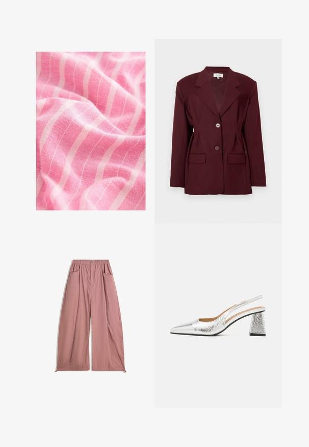 Burgundy blazer with notched lapels, two buttons, and two front pockets. Smooth fabric with a structured fit and minimal detailing.; Pink fabric features a textured surface with prominent white, vertical stripes. The material appears soft and lightweight, showing gentle draping.; Loose-fitting, high-waisted pants in soft rose pink fabric. Features elastic waistband, two side pockets, and a smooth, textured finish.; Silver slingback pump with a pointed toe, textural metallic finish, and a triangular block heel. Interior features brown leather details.