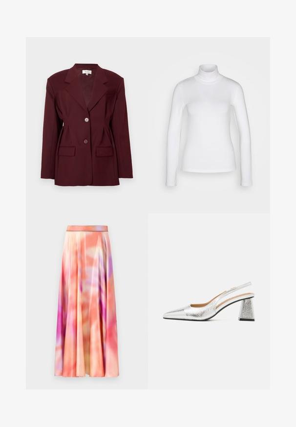 Blazer bordeaux avec revers en pointe, deux boutons et deux poches frontales. Tissu lisse avec une coupe structurée et des détails minimaux.; Chemise à col roulé blanc à manches longues en tissu lisse et extensible. Offre une coupe ajustée et un col haut. Pas de motifs ni d'accents visibles.; Jupe maxi en tissu léger, ressemblant à de la satin, présentant un mélange de teintes roses, oranges et violettes avec une surface lisse et un design plissé.; Pompe argentée à talon slingback avec un bout pointu, une finition métallique texturée et un talon bloc triangulaire. L'intérieur présente des détails en cuir marron.