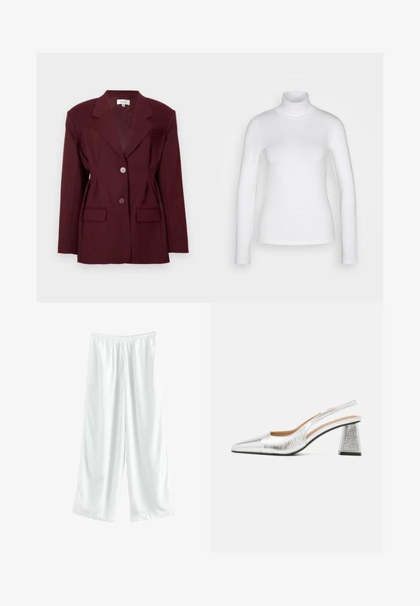 Blazer bordeaux avec revers en pointe, deux boutons et deux poches frontales. Tissu lisse avec une coupe structurée et des détails minimaux.; Chemise à col roulé blanc à manches longues en tissu lisse et extensible. Offre une coupe ajustée et un col haut. Pas de motifs ni d'accents visibles.; Pantalon large blanc avec une taille élastique, fabriqué en tissu lisse, présentant une coupe ample sans motifs ni accents visibles.; Pompe argentée à talon slingback avec un bout pointu, une finition métallique texturée et un talon bloc triangulaire. L'intérieur présente des détails en cuir marron.