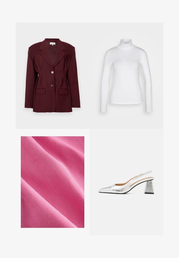Bordeaux blazer met revers, twee knopen en twee voorzakken. Glad fabric met een gestructureerde pasvorm en minimale detaillering.; Witte langemouwen turtle neck shirt van een soepel, rekbaar stof. Heeft een strakke pasvorm en een hoge kraag. Geen zichtbare patronen of accenten.; Roze katoen stof met een gladde textuur, die een diagonale vouw toont die het weefpatroon en de gelijkmatige kleur verspreiding onthult.; Zilveren slingback pump met een spitse neus, textuur metallic afwerking en een driehoekige blokhak. Binnenkant met bruine leren details.