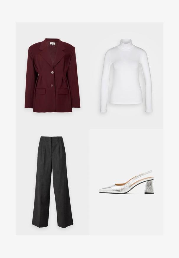 Burgundy bleiser, milleeritud krae, kahe nööbiga ja kahe esisegmendiga taskuga. Sujuv kangas, struktureeritud lõige ja minimaalne detailide rohkus.; Valge pikad varrukad kõrge kaelusega särk, valmistatud sujuvast ja venivast kangast. Omab tihedat istuvust ja kõrget kraed. Ei ole nähtavaid mustreid ega aktsente.; Tumehallid kõrge vöökohaga ja laiad püksid, millel on peened vertikaalsed triibud. Soodustatud lõige ja pehme tekstuur. Volditud esidetail.; Hõbedased slingback kingad terava ninaga, tekstuurse metallilise viimistluse ja kolmnurkse plokkkontsaga. Siseosa sisaldab pruuni nahast detaile.