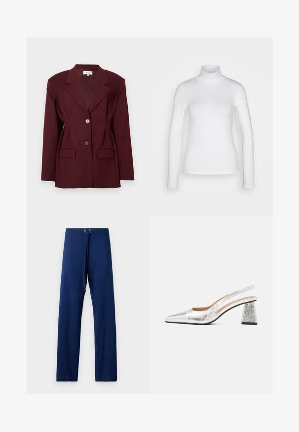 Burgundy blazer with notched lapels, two buttons, and two front pockets. Smooth fabric with a structured fit and minimal detailing.; White long-sleeve turtleneck shirt made from a smooth, stretchy fabric. Features a snug fit and a high collar. No visible patterns or accents.; Navy blue pants with a loose fit, made from smooth fabric. Features a drawstring waist and gold-tone eyelets for adjustments.; Silver slingback pump with a pointed toe, textural metallic finish, and a triangular block heel. Interior features brown leather details.