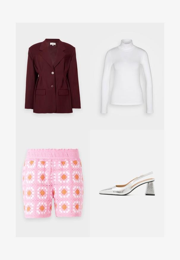 Blazer bordeaux avec revers en pointe, deux boutons et deux poches frontales. Tissu lisse avec une coupe structurée et des détails minimaux.; Chemise à col roulé blanc à manches longues en tissu lisse et extensible. Offre une coupe ajustée et un col haut. Pas de motifs ni d'accents visibles.; Shorts en crochet roses présentant un motif en carreaux avec des accents blancs et orange. Tissu texturé avec un détail de taille ondulée.; Pompe argentée à talon slingback avec un bout pointu, une finition métallique texturée et un talon bloc triangulaire. L'intérieur présente des détails en cuir marron.