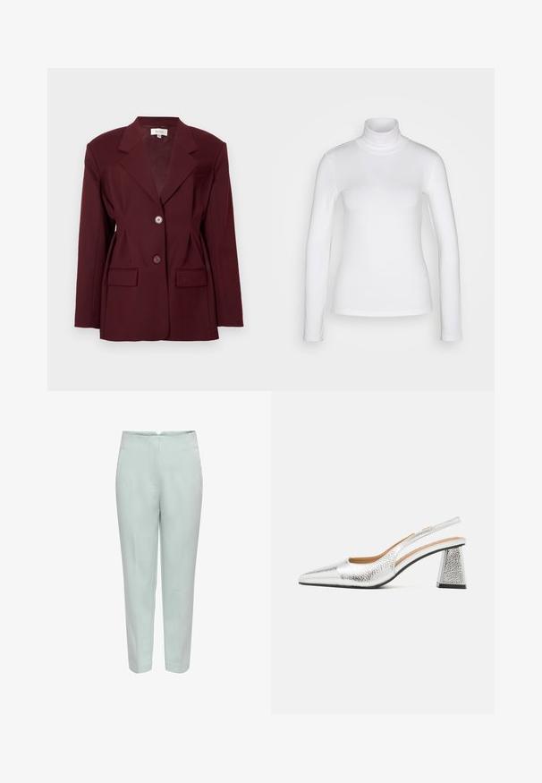 Blazer burdeos con solapas de muesca, dos botones y dos bolsillos frontales. Tela suave con un corte estructurado y un detalle mínimo.; Camisa de cuello alto de manga larga blanca, fabricada en un tejido suave y elástico. Presenta un ajuste ceñido y un collar alto. Sin patrones ni acentos visibles.; Pantalones ajustados verde claro con una textura suave, piernas estrechas y pliegues frontales. Cuentan con una cintura de altura media y sin herrajes visibles.; Zapato de tacón de plata con punta afilada, acabado metálico texturizado y tacón bloque triangular. El interior cuenta con detalles en cuero marrón.