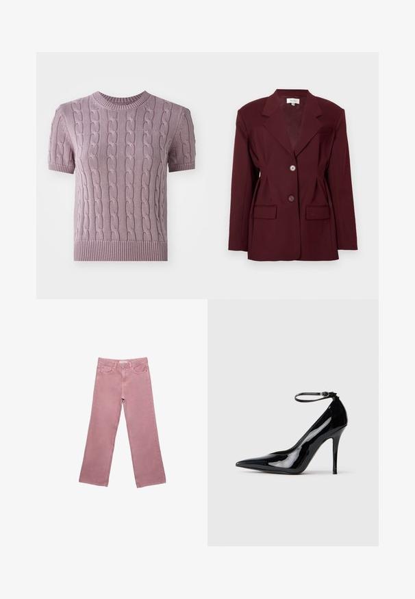 Burgunderfarbener Blazer mit Reverskragen, zwei Knöpfen und zwei vorderen Taschen. Glattes Material mit strukturierter Passform und minimalen Details.; Kurzärmliger, kabelgestrickter Pullover in helllila. Mit einem gerippten Halsausschnitt und Saum sowie einem strukturierten Muster im gesamten Körper.; Rosa Langarmbluse mit weißem Kragen, versehen mit einem Rosenakzent, Knopfleiste und elastischen Bündchen. Hergestellt aus leichtem Stoff.; Rosa weit geschnittene Jeans aus Denim, mit hoher Taille, Fronttaschen und dezenten Nähdetails. Glatte Textur ohne Muster.; Schwarze Lackleder-Pumps mit hohem Absatz, spitzer Zehenform, Knöchelriemen und glänzendem, eleganten Finish. Der Stiletto-Absatz rundet das elegante Design ab.
