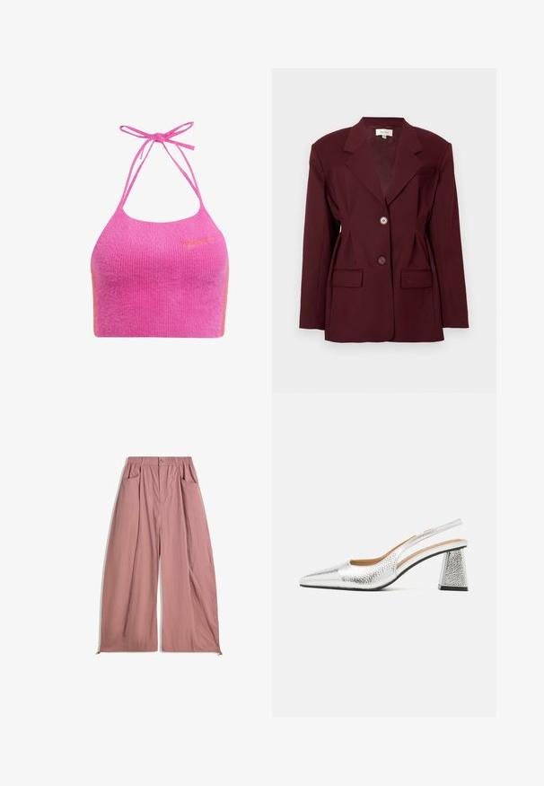 Viininpunainen bleiseri, jossa on viistetyt liepeet, kaksi nappia ja kaksi etutaskua. Tasainen kangas, jossa on jämäkkä leikkaus ja minimaalinen yksityiskohtaisuus.; Vaaleanpunainen lyhyt halterneck-toppi pehmeässä, ribbimäisessä kankaan tekstuurissa, jossa on ohuet olkaimet ja oranssi korostus. Edessä brodeerattu brändilogo.; Vapaat, korkeavyötäröiset housut pehmeästä ruusunpunaisesta kankaasta. Sisältää joustavyötärön, kaksi sivutaskua ja sileän, teksturoidun pinnan.; Hopeapintaiset slingback-kengät, joissa on teräväkärkinen muotoilu, tekstuurinen metallipinta ja kolmiomukoinen korko. Sisäosa sisältää ruskeita nahkayksityiskohtia.