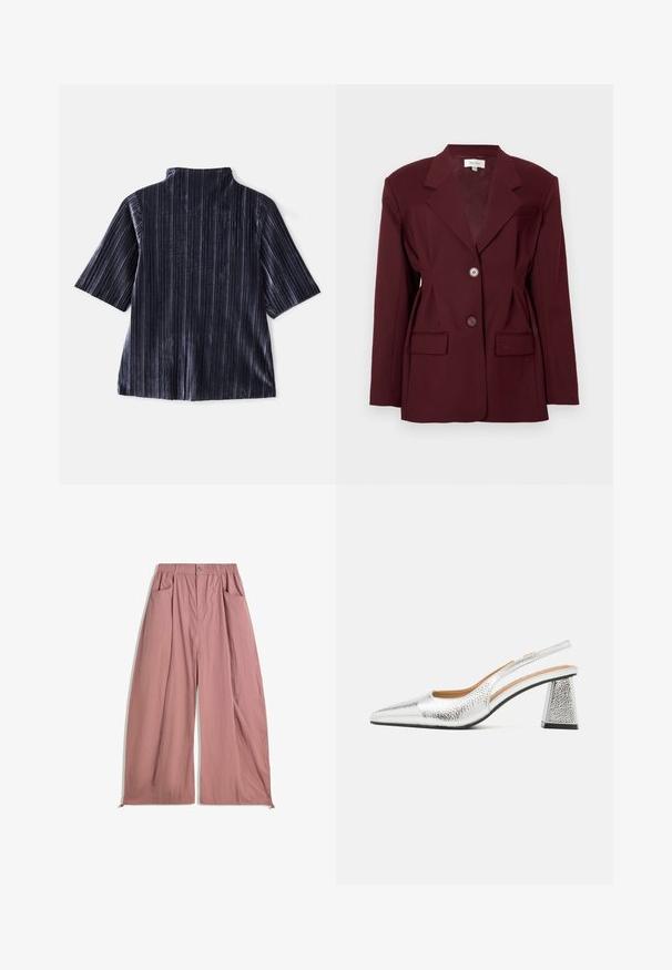 Burgundy blazer with notched lapels, two buttons, and two front pockets. Smooth fabric with a structured fit and minimal detailing.; Dark velvet short-sleeve top with vertical stripes, stand collar, and soft texture. Features a relaxed fit and smooth finish.; Loose-fitting, high-waisted pants in soft rose pink fabric. Features elastic waistband, two side pockets, and a smooth, textured finish.; Silver slingback pump with a pointed toe, textural metallic finish, and a triangular block heel. Interior features brown leather details.