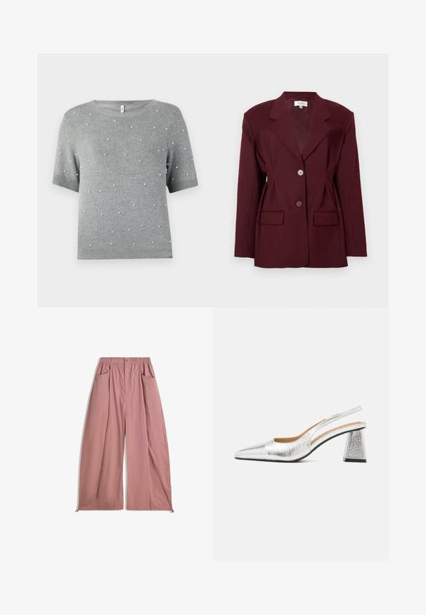 Bordeaux blazer met revers, twee knopen en twee voorzakken. Glad fabric met een gestructureerde pasvorm en minimale detaillering.; Grijze trui met korte mouwen, voorzien van een ronde hals en verspreide witte parelachtige accenten. Zachte gebreide textuur met geribde zoom en mouwen.; Losse, hooggewaiste broeken van zacht rozenroze stof. Kenmerken elastische tailleband, twee zijzakken en een gladde, gestructureerde afwerking.; Zilveren slingback pump met een spitse neus, textuur metallic afwerking en een driehoekige blokhak. Binnenkant met bruine leren details.