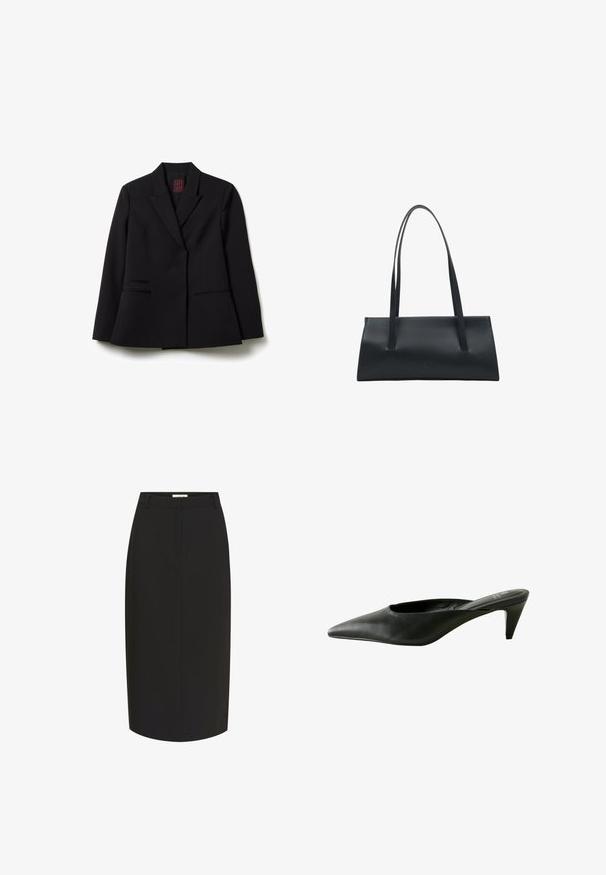 Schwarzer taillierter Blazer mit Reverskragen, langen Ärmeln und zwei aufgesetzten Taschen vorne, flach auf weißem Hintergrund ausgelegt.; Weiße, leichte Bluse mit langen Ärmeln und einer Vorderband. Sie hat einen drapierten Kragen und einen strukturierten Stoff für zusätzliche Details.; Schwarzer Bleistiftrock aus glattem Stoff. Er hat einen figurbetonten Schnitt, eine mittlere Länge, Gürtelschlaufen und einen verdeckten Reißverschluss auf der Rückseite.; Schwarze Leder-Pantolette mit offenem Zehenbereich, spitzer Zehenform, mittelhohem Absatz und glatter Textur. Schlichtes, elegantes Design ohne sichtbare Verzierungen.; ESTRO Z DŁUGIMI RĄCZKAMI - Handtasche - black