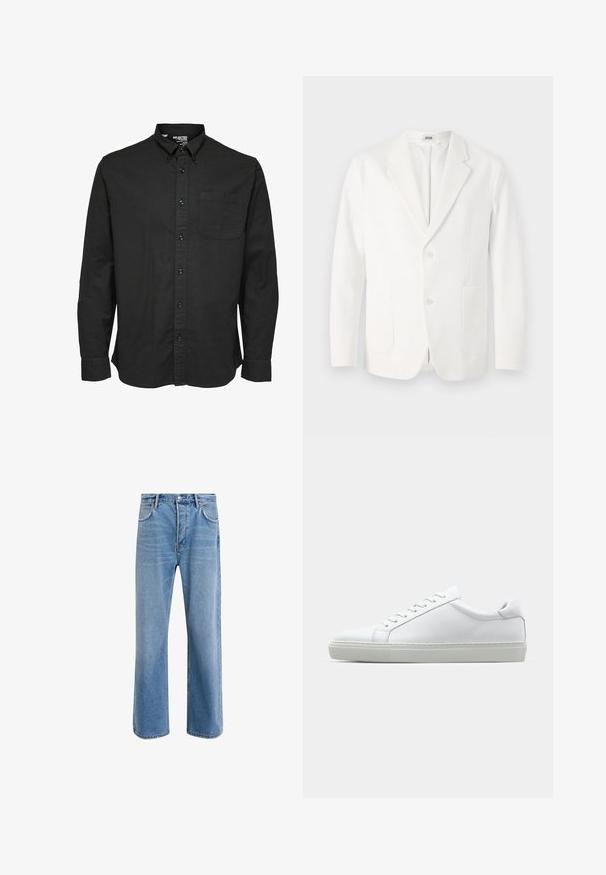 Witte blazer van soepel materiaal, met een gesneden revers, twee knopen en twee voorkeurszakken. Eenvoudig, op maat gemaakt ontwerp.; Zwarte lange mouw overhemd in katoen, met een standaardkraag, een borstzak en bijpassende zwarte knopen.; Lichtblauwe denim jeans met een straight-leg ontwerp, vijf zakken, knoopsluiting, minimale vervaging en contrasterende stikseldetails.; Witte sneaker met een gladlederen bovenwerk en een laag profiel. Voorzien van een ronde neus, zes vetergaatjes en een gestructureerde rubberen zool.