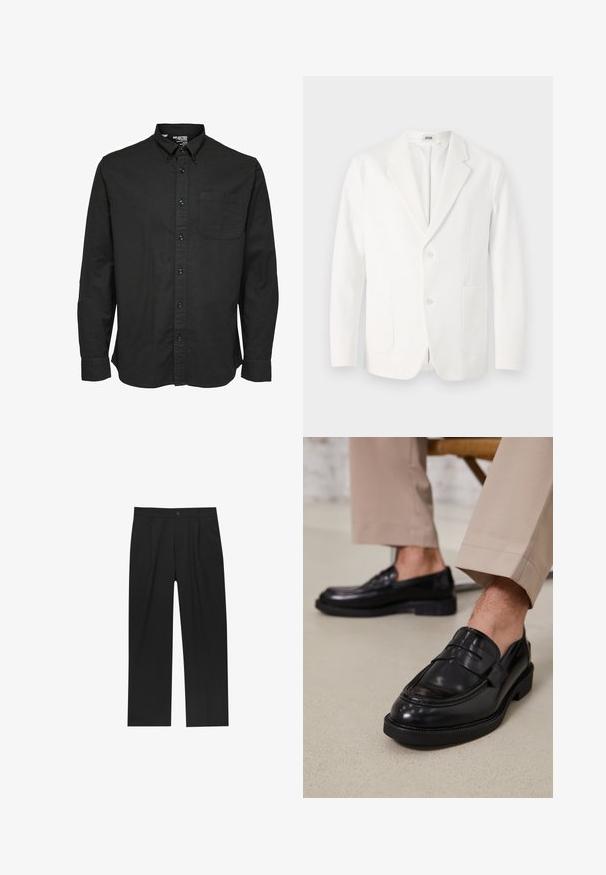 Witte blazer van soepel materiaal, met een gesneden revers, twee knopen en twee voorkeurszakken. Eenvoudig, op maat gemaakt ontwerp.; Zwarte lange mouw overhemd in katoen, met een standaardkraag, een borstzak en bijpassende zwarte knopen.; Zwarte broeken met een recht model, gemaakt van een gladde stof. Voorzien van een voorplooien en een enkele knoopsluiting bij de taille.; Zwarte leren loafers met een gladde afwerking, voorzien van een decoratieve band en contrasterende stiksels, gecombineerd met beige broeken.