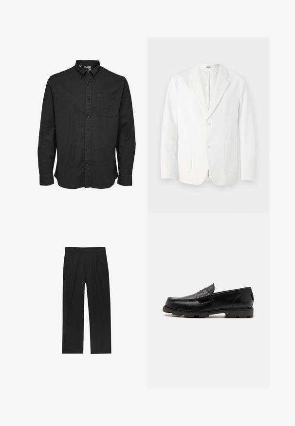 Biała marynarka wykonana z gładkiego materiału, z wyłamiwanym kołnierzykiem, dwoma guzikami i dwoma przednimi kieszeniami. Prosty, dopasowany krój.; Czarna, długosleeve, zapinana na guziki koszula wykonana z bawełnianego materiału, z klasycznym kołnierzykiem, kieszenią z przodu i pasującymi czarnymi guzikami.; Czarne spodnie o prostym kroju, wykonane z gładkiego materiału. Posiadają zakładki z przodu i pojedyncze zapięcie na guziki w pasie.; Czarne skórzane mokasyny z zaokrąglonym noskiem, dekoracyjnym przeszyciem i teksturowaną podeszwą zapewniającą przyczepność. Lekko podniesiony obcas.