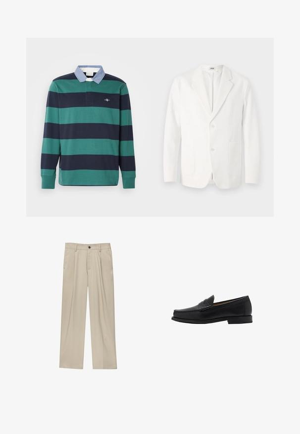 Weißer Blazer aus glattem Stoff, mit eingekerbtem Revers, zwei Knöpfen und zwei vorderen Taschen. Einfaches, tailliertes Design.; Langarm-Polohemd mit grünen und marineblauen horizontalen Streifen, einem hellblauen Kragen und einem kleinen gestickten Logo auf der Brust.; Beige Hosen mit geradem Schnitt, ausgestattet mit einem einzelnen schwarzen Knopf, Gürtelschlaufen und Seitentaschen. Glatte Stofftextur und minimalistisches Design.; Mango Business-Slipper - black