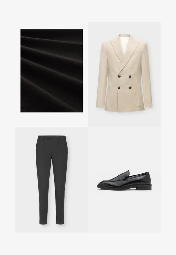Sacou bej cu două rânduri de nasturi, fabricat dintr-un amestec de in. Are două buzunare frontale și nasturi negri. Design curat, structurat, cu rever ascuțit.; Material negru cu textură netedă, prezentat în pliuri, evidențiind un luciu subtil și un model fin țesut, subliniind aspectul său moale.; Pantaloni negri personalizați dintr-un material texturat, având un închidere cu buton și fermoar, bucle pentru curea și un design slim fit.; Pantofofi din piele neagră cu un finisaj neted, având vârful rotunjit și o bandă îngustă pe partea superioară. Toc mic, stratificat.