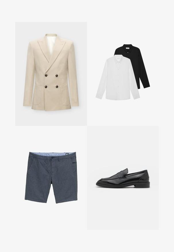 Beige dobbeltradet blazer lavet af en blanding af hørstof. Har to frontlommer og sorte knapper. Rent, struktureret design med skarpe klapper.; Hvide og sorte langærmede skjorter med spidse kraver, frontknapper og en glat stoftekstur. Mærker synlige på indersiden af kraven.; Mørkeblå shorts lavet af tekstureret stof. Har to sidelommer, knaplukning og et lille accentmærke på forsiden.; Sorte læder loafers med en glat overflade, der har en rund tå og en smal bånd over det øverste. Lav stablet hæl.