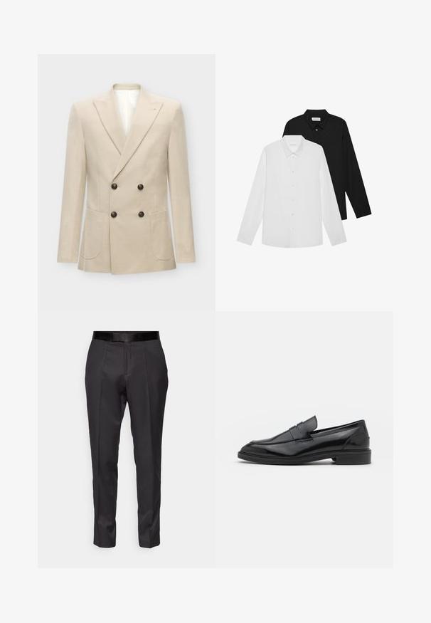 Bež sako s dvostrukim kopčanjem izrađen od platna od lana. Ima dva prednja džepa i crne gumbe. Čist, strukturiran dizajn s oštrim reverima.; Bijele i crne košulje dugih rukava s oštrim kragnama, prednjim gumbima i glatkom teksturom tkanine. Oznake su vidljive na unutarnjoj strani vrata.; Crne krojene hlače slim kroja, ravnog prednjeg dijela i suptilnog sjaja. Imaju glatki crni pojas i detalje nabora uz noge.; Crne kožne mokasine s glatkom površinom, s okruglim vrhom i uskim pojasom preko gornjeg dijela. Nizak slojeviti potplat.