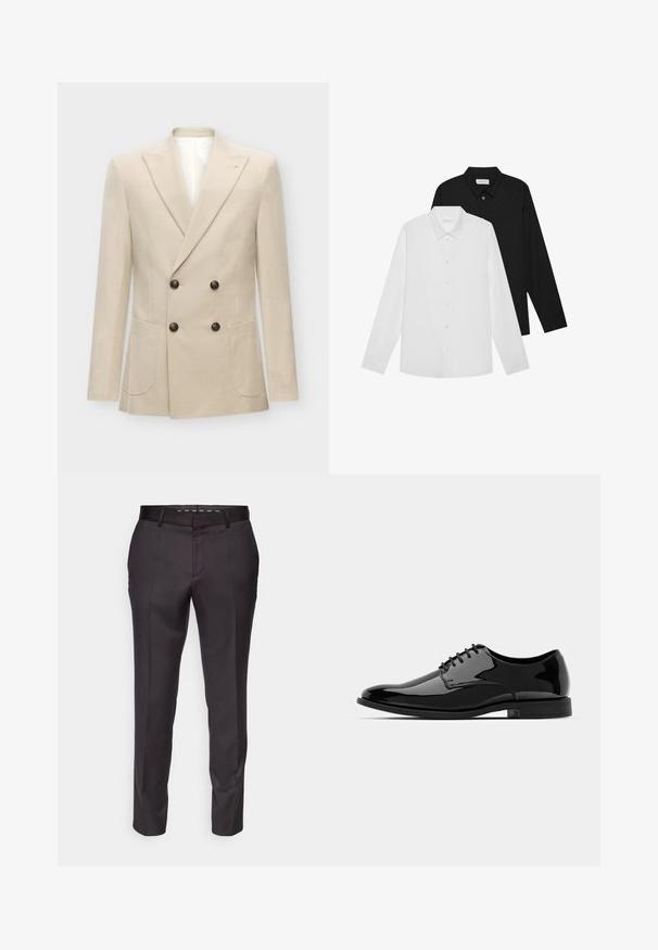 Beige dupla gombos blézer vászonkeverék anyagból készült. Két elülső zsebbel és fekete gombokkal rendelkezik. Tiszta, strukturált kialakítás éles hajtókákkal.; Fehér és fekete hosszú ujjú ingek hegyes gallérral, elöl gombokkal és sima anyagtextúrával. Címkék láthatók a nyak belső oldalán.; Szakított fekete nadrág sima textúrával, strukturált dizájnnal és elülső rakásokkal. Közvetlen szabású, és illeszkedő derékrésszel rendelkezik.; Fekete lakkbőr félcipő lekerekített orral, fűzős kialakítással és sima, fényes felülettel. Alacsony profilmagasságú gumitalppal rendelkezik.