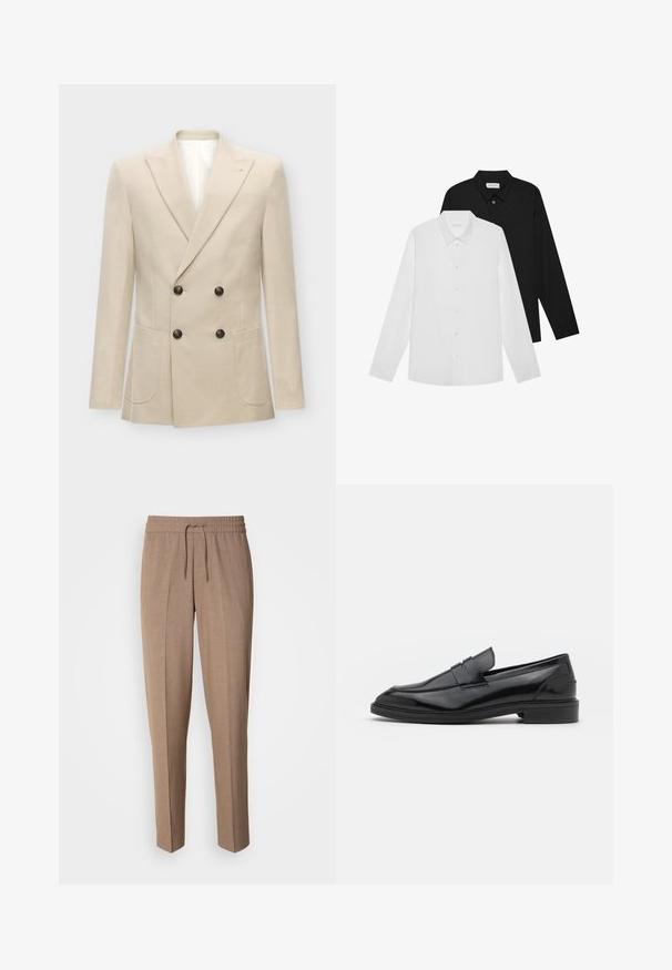 Beige dubbelzijdige blazer gemaakt van een linnenmix. Voorzien van twee voorkruispockets en zwarte knopen. Schoon, gestructureerd ontwerp met scherpe revers.; Witte en zwarte langemouwen shirts met puntige kraag, knopen aan de voorkant en een gladde stoftextuur. Labels zichtbaar aan de binnenkant van de hals.; Bruine, geweven stoffen broek met een relaxte pasvorm, trekkoord taille en plooien aan de voorkant. Rechte pijpen en geen zichtbare zakken of hardware.; Zwarte leren instappers met een gladde afwerking, voorzien van een ronde neus en een smalle band over de bovenkant. Lage gestapelde hak.