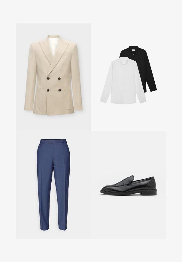 Beige Doppelreiher-Blazer aus einemLeinen-Mischgewebe. Verfügt über zwei vordere Taschen und schwarze Knöpfe. Sauberes, strukturiertes Design mit scharfen Revers.; Weiße und schwarze Langarmshirts mit spitzen Kragen, Knöpfen vorne und einer glatten Stoffstruktur. Etiketten sichtbar am inneren Kragen.; Blaue maßgeschneiderte Hose aus einem strukturierten Stoff. Verfügt über eine flache Vorderseite, Gürtelschlaufen und ein schlankes Design mit schmal zulaufenden Beinen.; Schwarze Lederloafers mit glatter Oberfläche, runder Spitze und schmalem Riemen über dem Obermaterial. Niedriger, gestapelter Absatz.