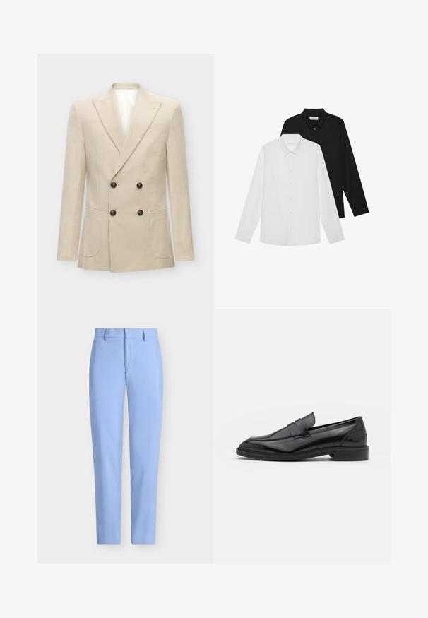 Bež kaheline jakker, mis on valmistatud linase segumaterjalist. Omab kahte esist taskut ja musti nööpe. Puhtad, struktureeritud jooned terava kraega.; Valged ja mustad pika varrukaga särgid teravate kraede, esipainutuste ja siledast kangast tekstuuriga. Sildid on nähtavad sisekrae peal.; Heledad hall sinine ülikondpüksid, mis omavad siledat tekstuuri, sirge sääre disaini ja eesmist taskut. Omavad vöölukke ja luku sulgemist.; Mustad nahast loafers, millel on sile viimistlus, ümar varvas ja kitsas riba peal. Madal kühveldatud konts.