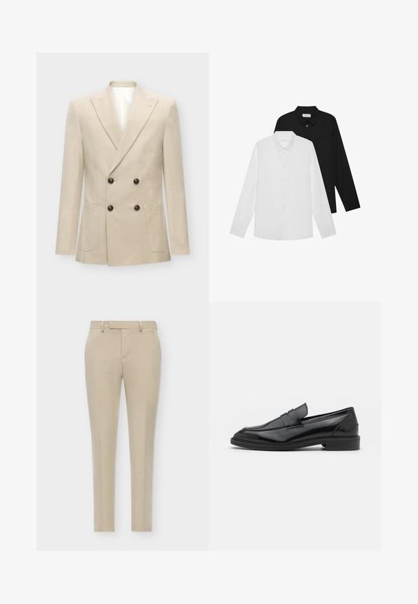 Bežna dvoredna blazer jakna izdelana iz mešanice lana. Ima dva sprednja žepa in črne gumbe. Čista, strukturirana zasnova z ostrimi reverji.; Bela in črna dolga majica z dolgimi rokavi, s koničastimi ovratniki, sprednjimi gumbi in gladko teksturo tkanine. Oznake vidne na notranji strani vratu.; Bež hlače s slim krojem, s ravnim sprednjim delom, neopaznimi stranskimi žepi in gladkim, teksturiranim materialom.; Črne usnjene loafersice z gladko površino, s zaobljenim prstom in ozkim pasom čez zgornji del. Nizek zložen petek.