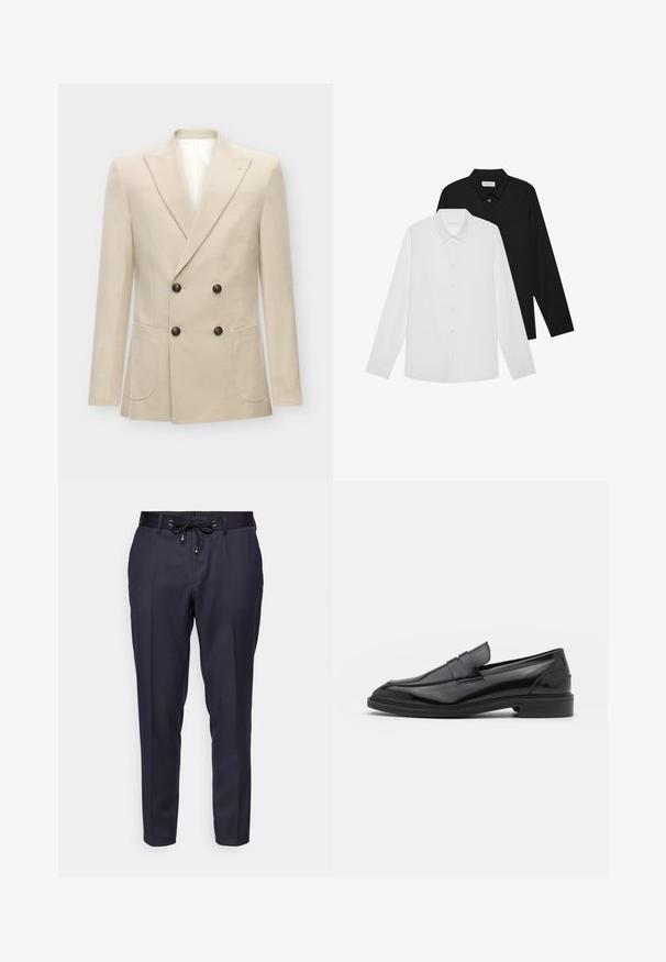 Bežinis dvigubos eigos švarkas, pagamintas iš lino mišinio. Yra dvi priekines kišenes ir juodi mygtukai. Švarus, struktūrizuotas dizainas su aštriais apykaklės kraštais.; Balti ir balti ilgomis rankovėmis marškiniai su smailiais apykaklėmis, priekiniais mygtukais ir lygiu audiniu. Etiketės matomos vidinėje apykaklės pusėje.; Tamsiai mėlynos kelnės, pagamintos iš lygaus audinio, su raišteliu juosmens srityje ir siaurėjančiu dizainu. Plokščias priekinis dalis su minimaliais akcentais, suteikia elegantišką siluetą.; Juodos odinės loafers batai su lygiu paviršiumi, turintys apvalią noselę ir siaurą juostelę per viršų. Žemas sluoksnis kulnas.