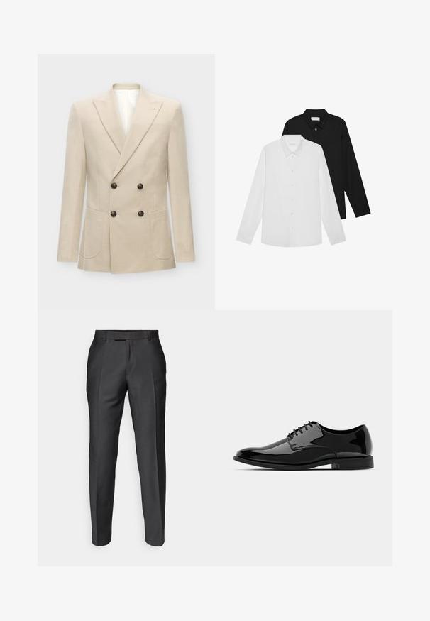 Beige dvojřadový blazer vyrobený z lněné směsové tkaniny. Má dvě přední kapsy a černé knoflíky. Čistý, strukturovaný design s ostrými klopami.; Bílé a černé dlouhé rukávy s špičatými límečky, předními knoflíky a hladkou texturou látky. Etikety viditelné na vnitřní straně límce.; Ušité kalhoty z tmavě šedé tkaniny. Mají slim fit, plochý přední díl a poutka na opasek. Hladká textura s jemným leskem.; Černé lakované kožené dress boty s kulatou špičkou, šněrovacím designem a hladkým, lesklým povrchem. Disponují nízkoprofilovou gumovou podrážkou.